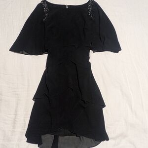 Black Embellished Flutter Sleeve Tiered Dress